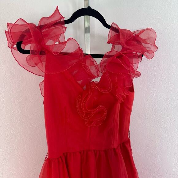 Vintage 80s Red Puffy Ruffle Dress Organza USA Union Made Small - Picture 10 of 14